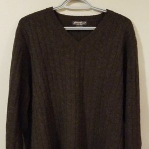 Eddie Bauer 100% Lambswool Brown V-neck Sweater Pullover Mens XL